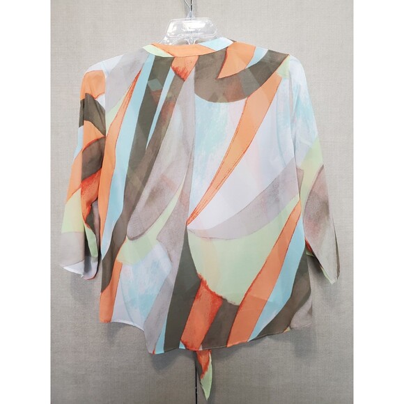 Chico's Sheer Chiffon Geo Print Slit-Sleeve Split-Neck Tie-Waist Blouse 2 Large - Picture 4 of 4